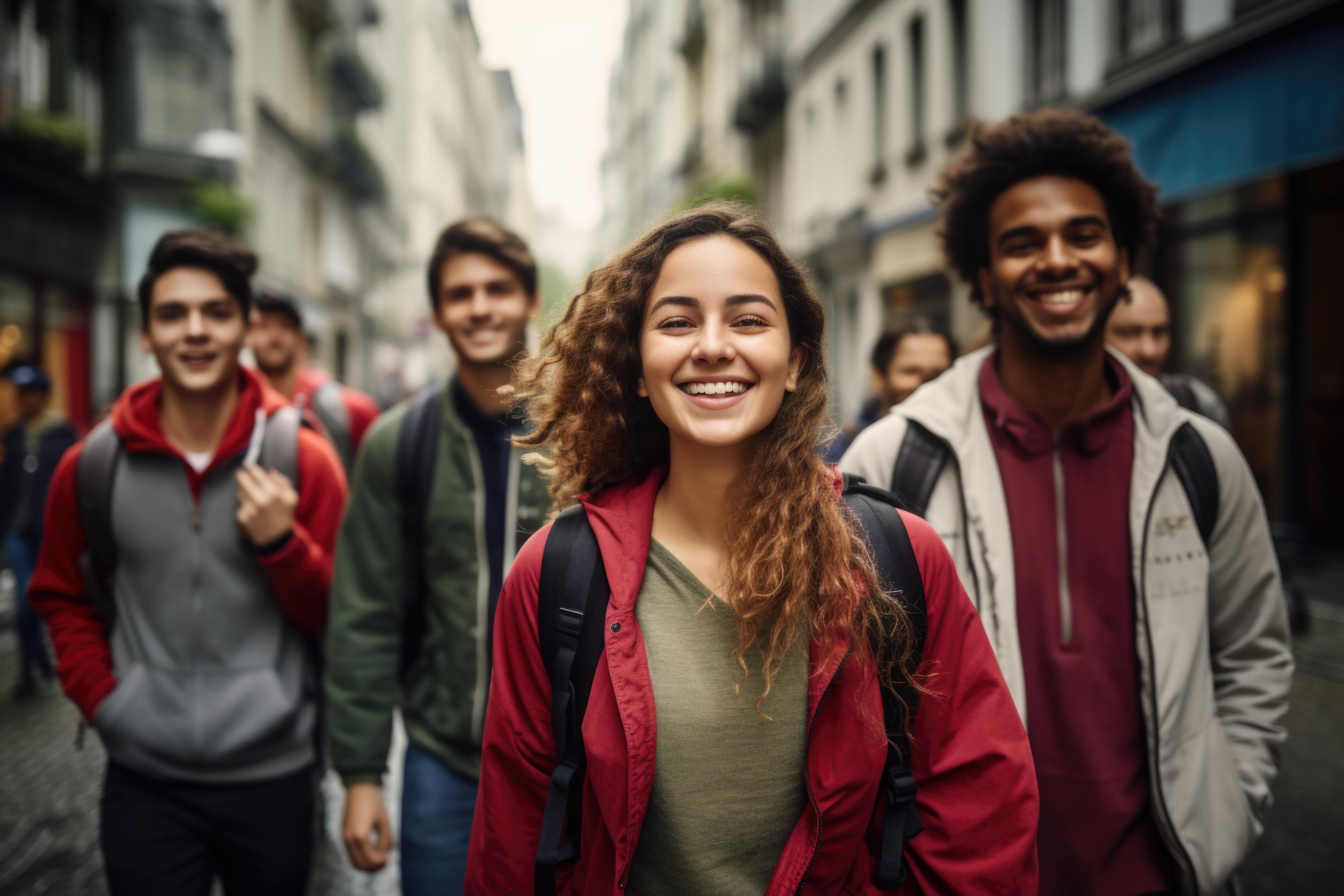 Group of young happy friends walking in the street of the city. Smiling students laughing and having fun togethers