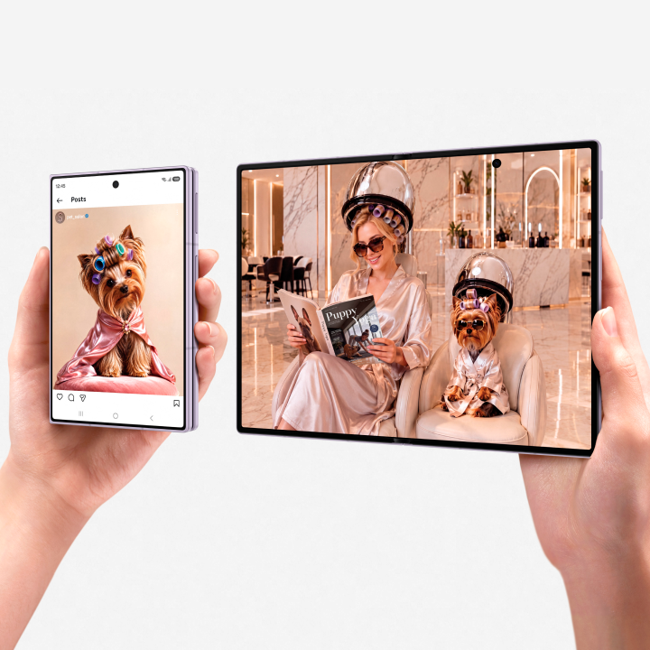 Una mano sujeta el Galaxy Z Fold plegado y muestra la pantalla. Otra mano, a su lado, sujeta el mismo dispositivo pero desplegado y mostrando también la pantalla