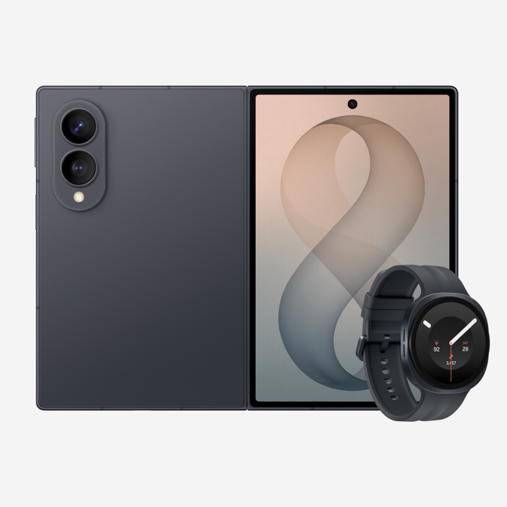 Composición con frontal y trasera del Samsung Galaxy Z Fold8 y Watch9